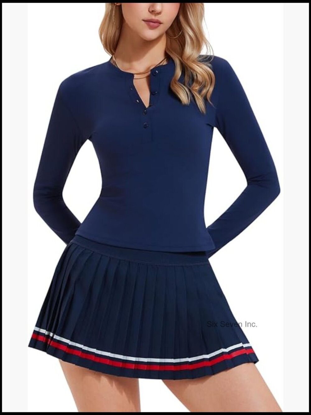 2 Piece Tennis Skirt Set Long Sleeve Henley & Pleated Skort, Pickleball Outfits